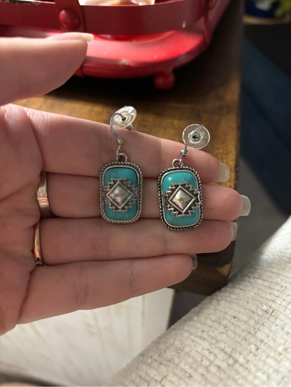Turquoise Silver-Tone Southwestern Drop Earrings - Unbranded